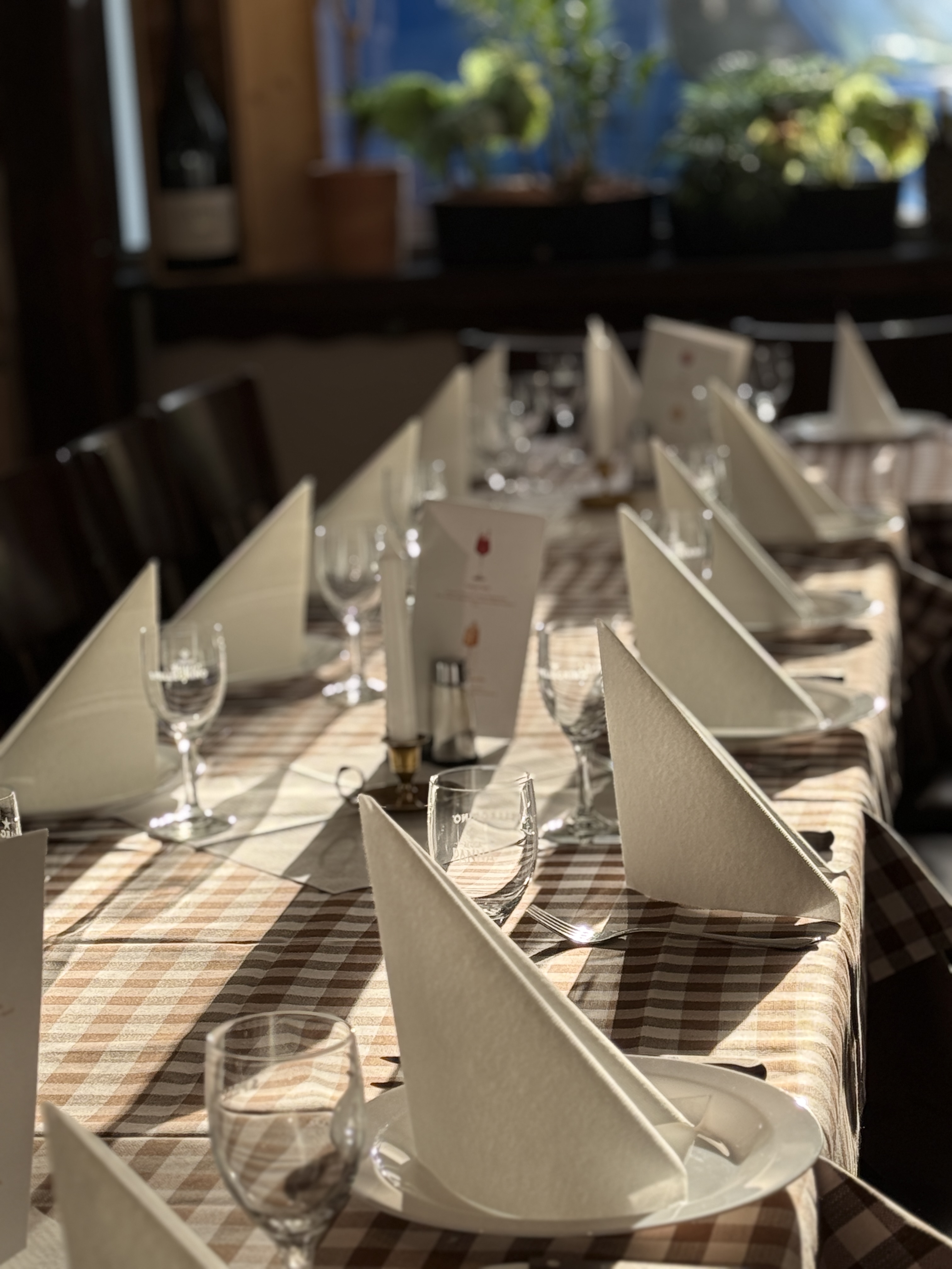Sonnendurchflutete Gaststube mit langer, festlich gedeckter Tafel